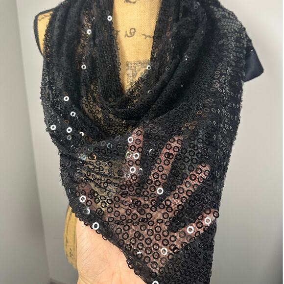 Black Mesh Sequin Satin Trim Scarf Shawl Women's OS - Picture 6 of 7